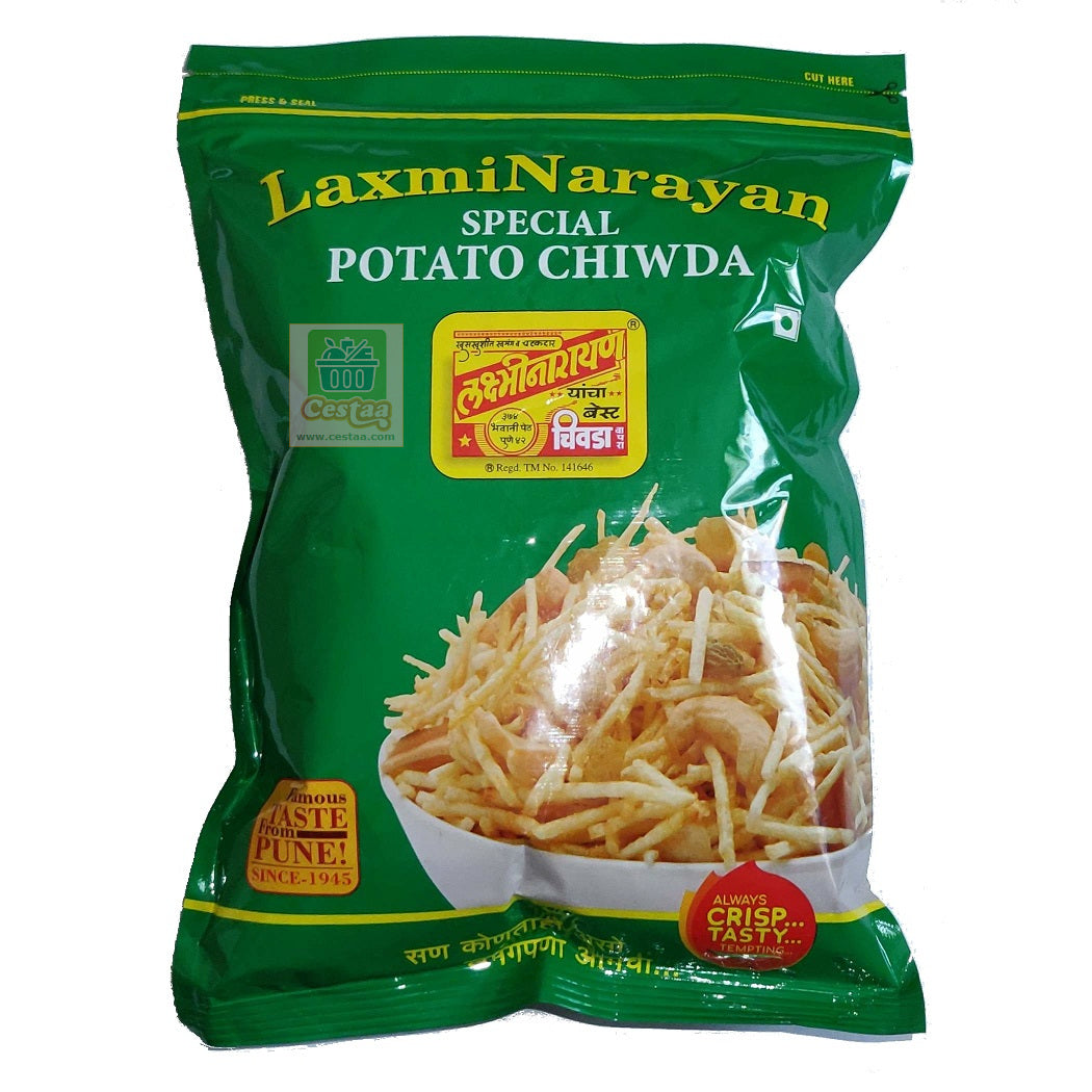 LaxmiNarayan Potato Chiwda or Chivda or Chiwada or Mixture is famous Indian snack from West of India, Gujrat and Maharashtra. LaxmiNarayan is an authentic and popular brand from Pune, renowned all over India and gained popularity worldwide due to its quality and crunchy taste.  Checkout LaxmiNarayan Potato or Aloo or Alu Chiwda  online at Cestaa Retail (www.cestaa.com) in The Republic of Ireland.