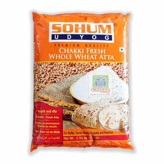 Buy Sohum Gehu Atta grocery online which is made from good quality lokwan wheat grains from India, yielding soft, tasty chapatis or chappati or rotis. Sohum Gehu Atta is also referred as Soham Gehu Aata or Sohum Whole Wheat Flour or Sohum Chakki Fresh Gehu Atta. Packaging available in 1Kg or 5kg. Cestaa Retail Ireland Online Grocery Store Dublin